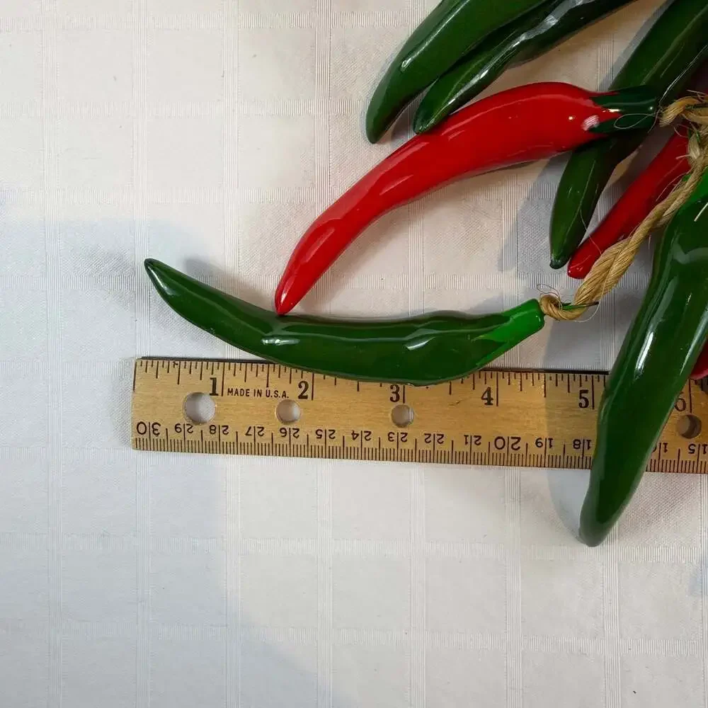 red & green ceramic chili pepper wall hanging glossy glazed on jute rope